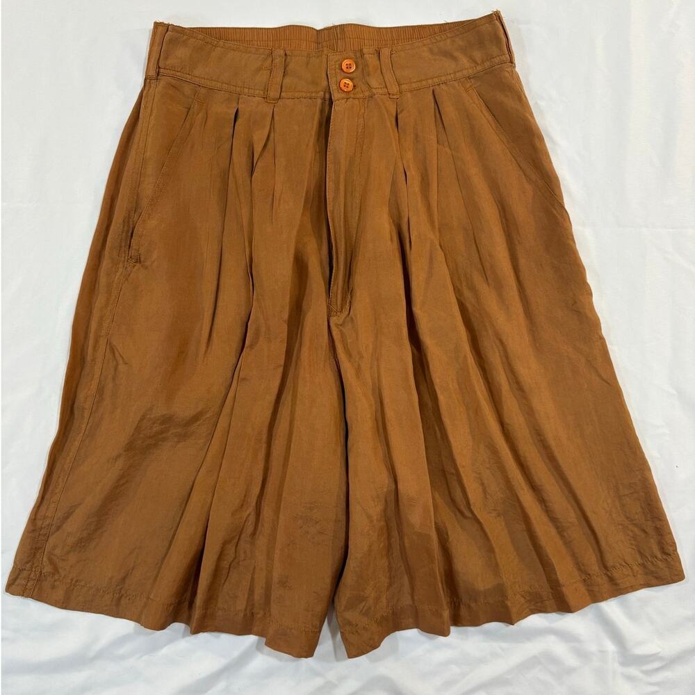 Vintage 90s 100% Silk Brown Pleated New Avenue High Waist Shorts Size 8
